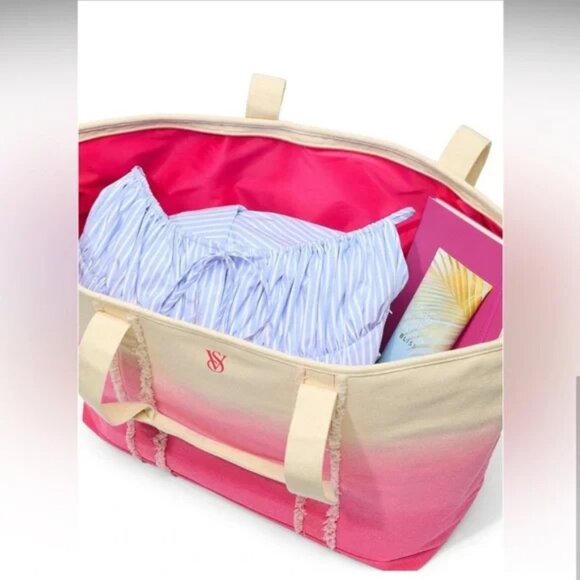 New in Packaging Large Victoria's Secret Ombré Pink Yellow Beige Beach Tote Bag - Picture 3 of 4